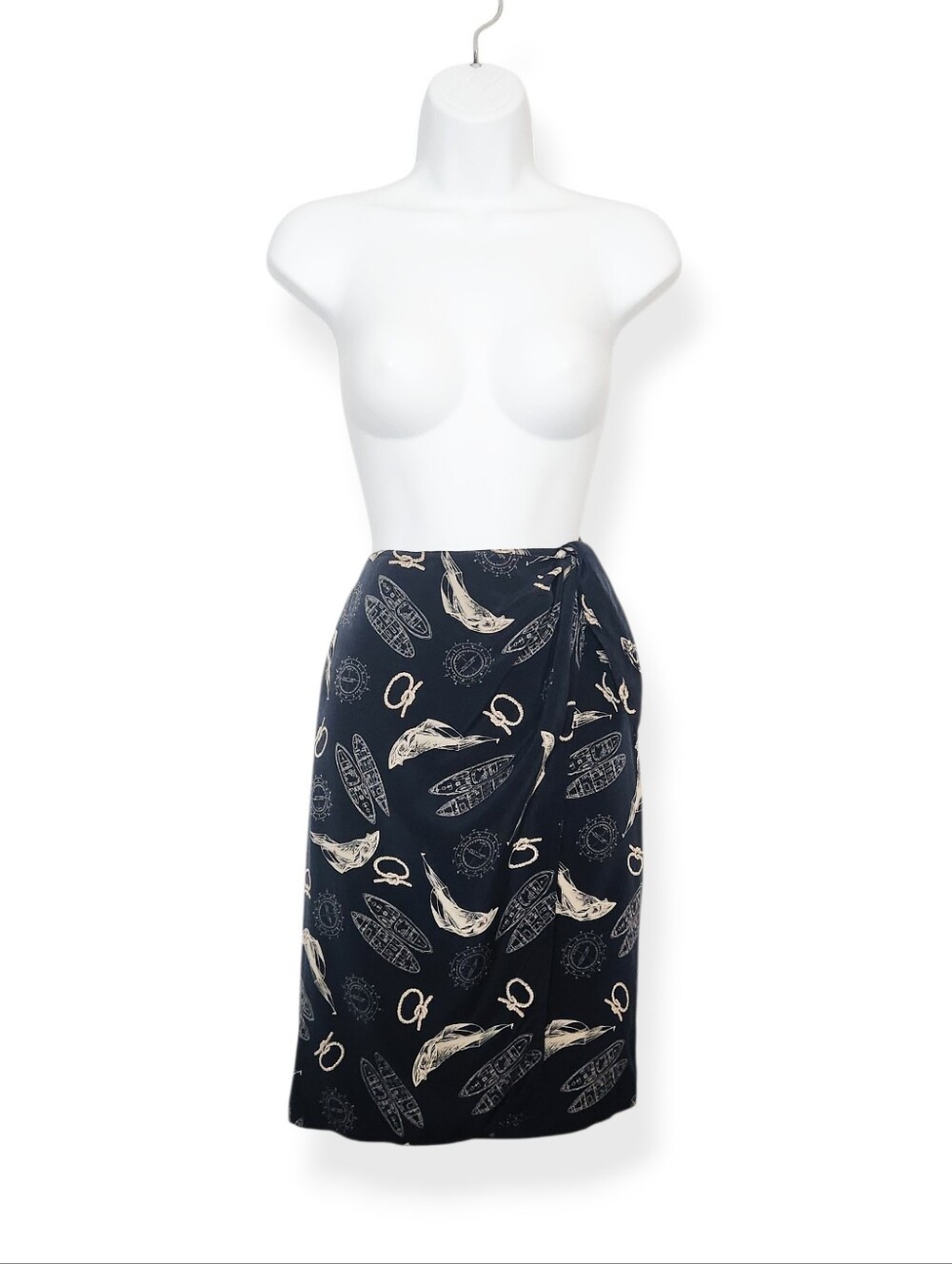 Vintage Lauren Ralph Lauren Navy Blue Silk Nautical Print Wrap Skirt Size 10